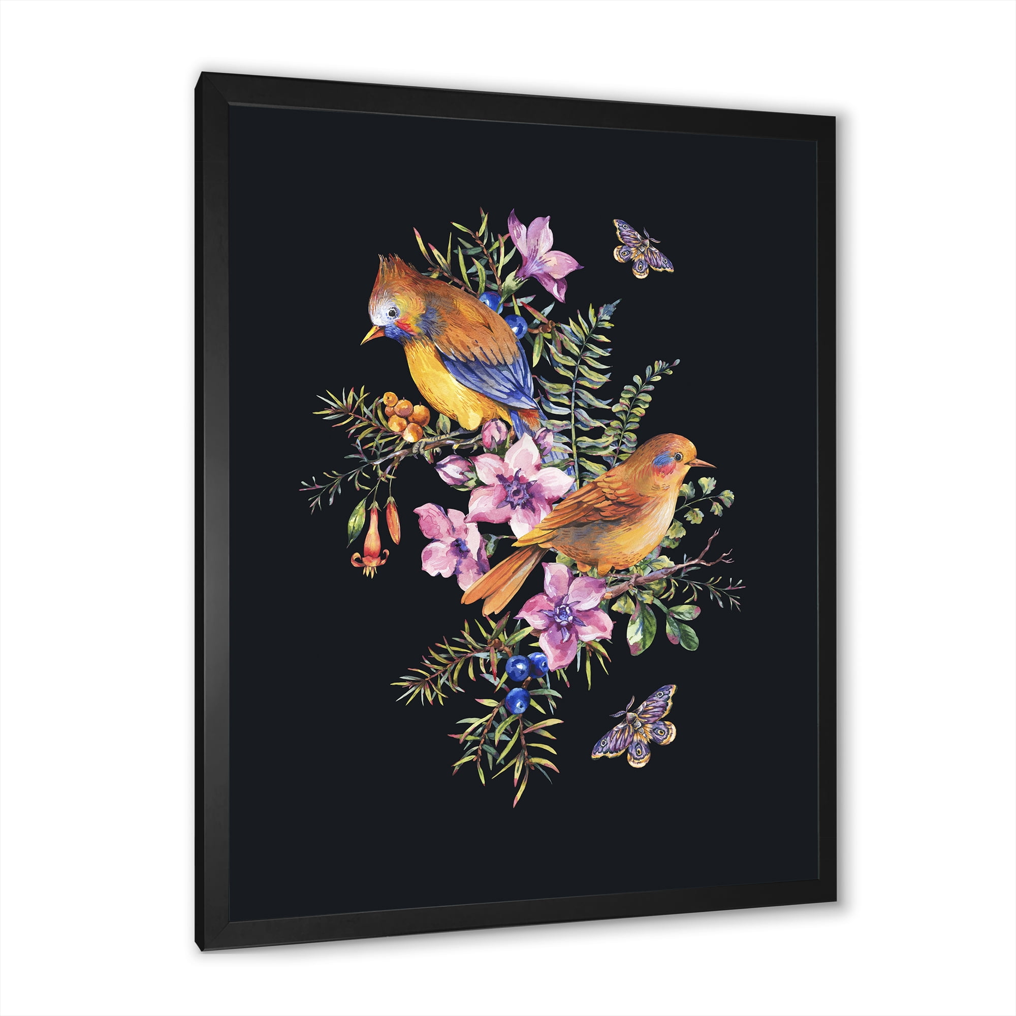 Designart 'Little Bird Sitting On Colourful Bouquet Of Wildflowers II' Traditional Framed Art Print