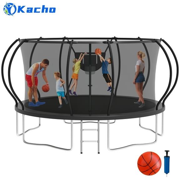 Kacho Trampoline 14FT, 1400LBS Trampoline with Enclosure Net, Heavy Duty Trampoline for 6-7 Kids and 2-3 Adults, Outdoor Trampoline with Basketball Hoop, Ladder, No Gap Design Backyard Trampoline