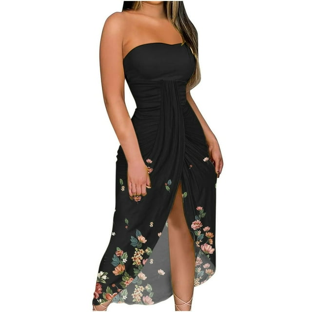 Robes d'Été Sans Bretelles Robe de Soirée de Plage Décontractée hors Épaule Ruffle Maxi Robes Longues