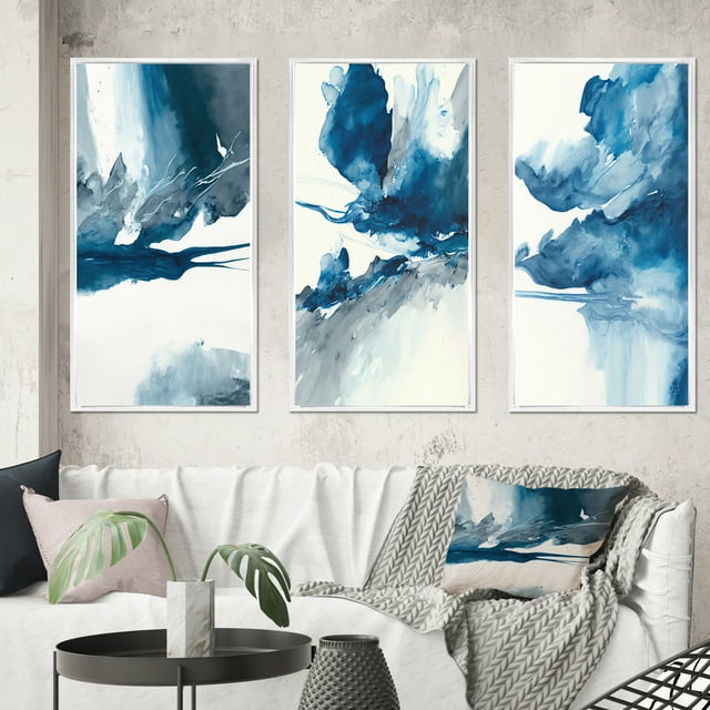 Designart "Solitary Majesty in Imperial Blue Splendor I" Abstract Liquid Ink Framed Wall Art Set Of 3 - Blue Modern Frame Canvas Set For Living Room Decor