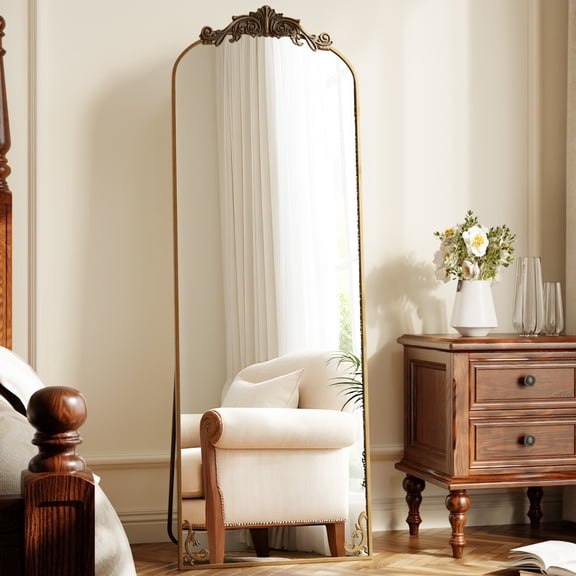 Mirstory 64"x 21" Full Length Mirror Vintage Arched Full Body Mirror with Carved Metal Frame, Antique Bronze