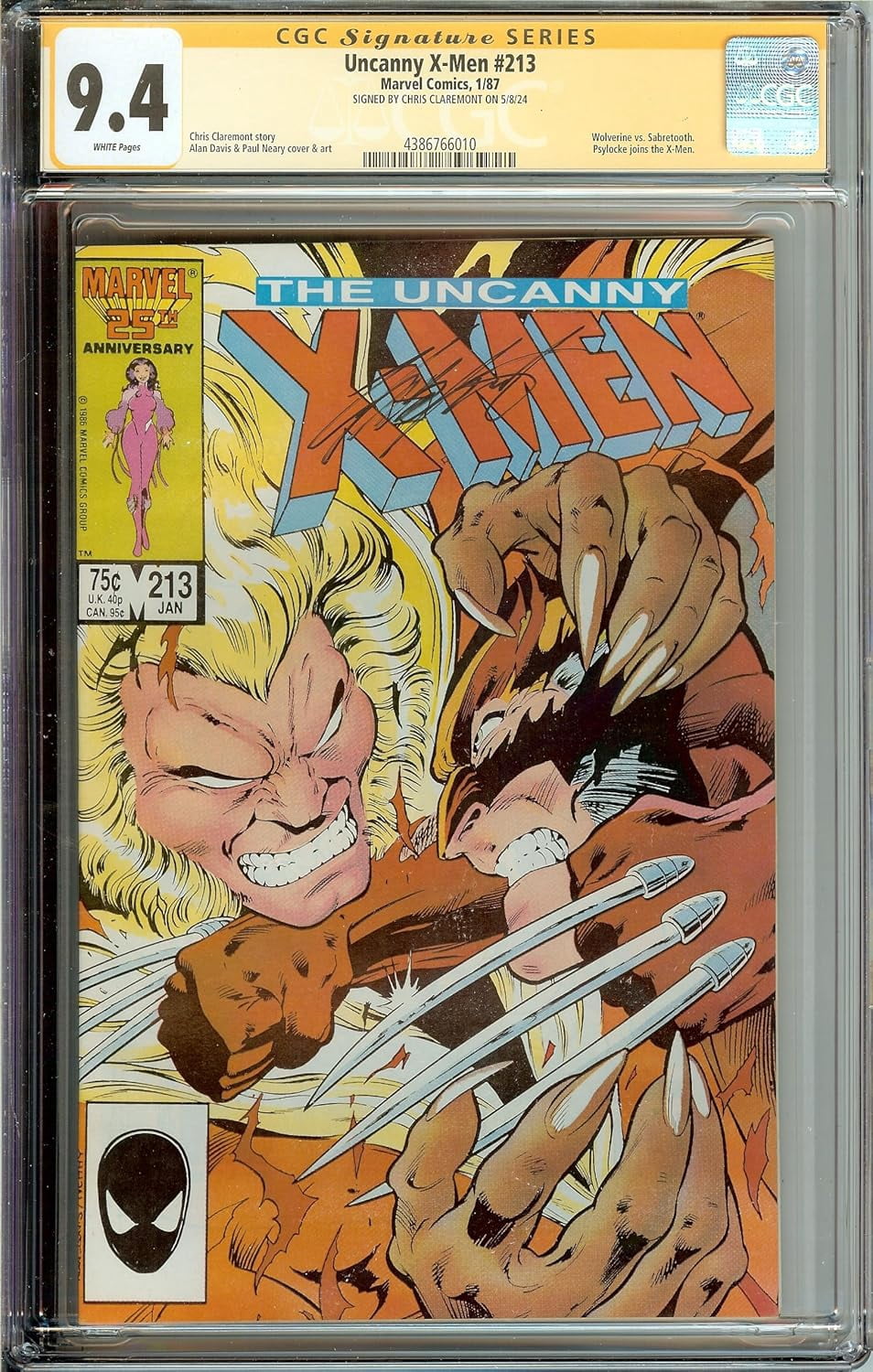 Uncanny X-Men #213 Signed Chris Claremont CGC 9.4