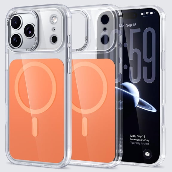 for iPhone 17 Pro Max Magnetic Clear PC TPU Protective Case, Luxury Shockproof Anti-Scratch Wireless Charging Ultra Slim Transparent Lightweight Anti-Fingerprint Phone Case Cover, Orange