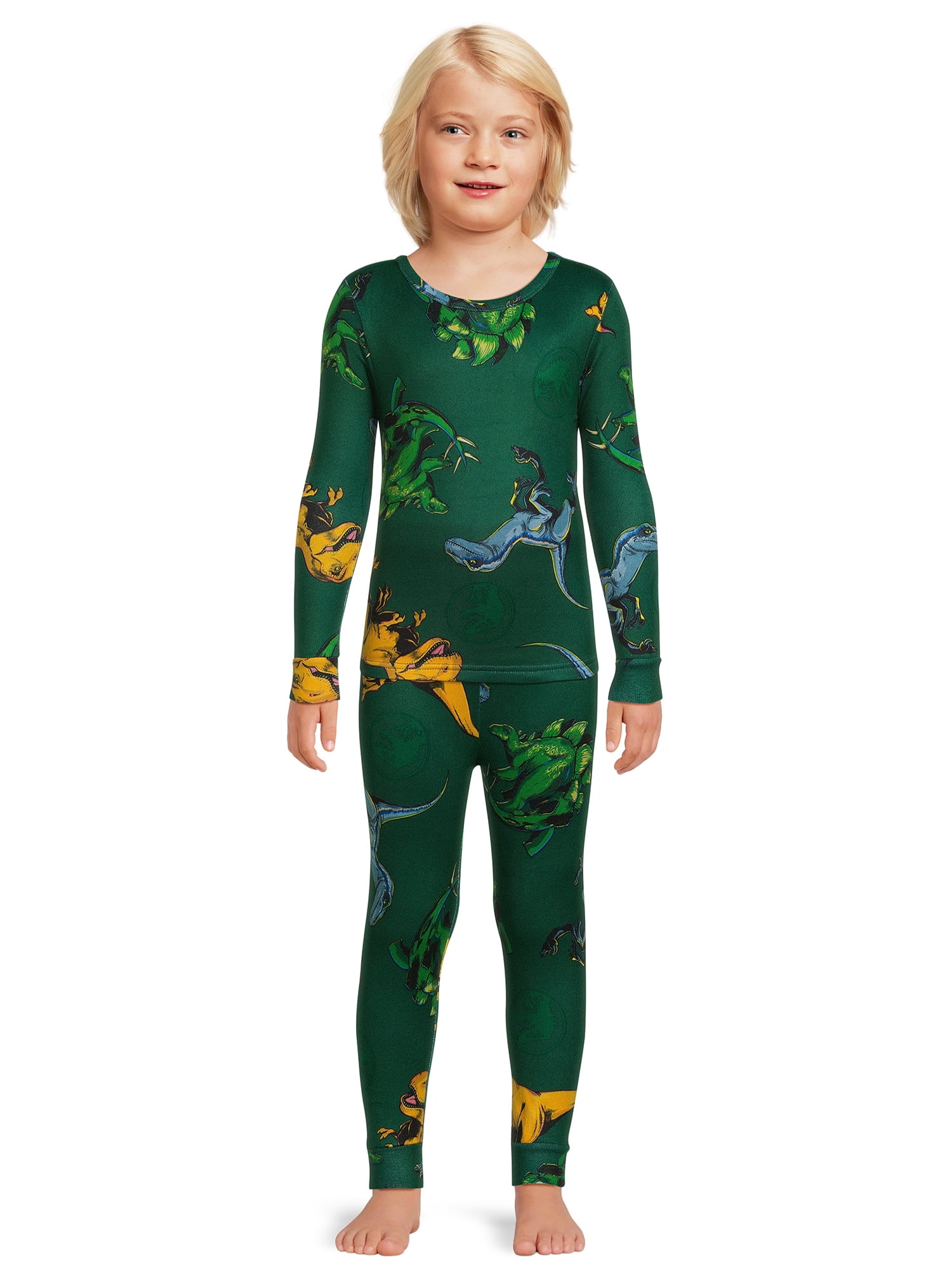 Jurassic World Boys Dinosaur Long Sleeve All Over Print 2 Piece Pajama Sleep Set, Sizes 4-10