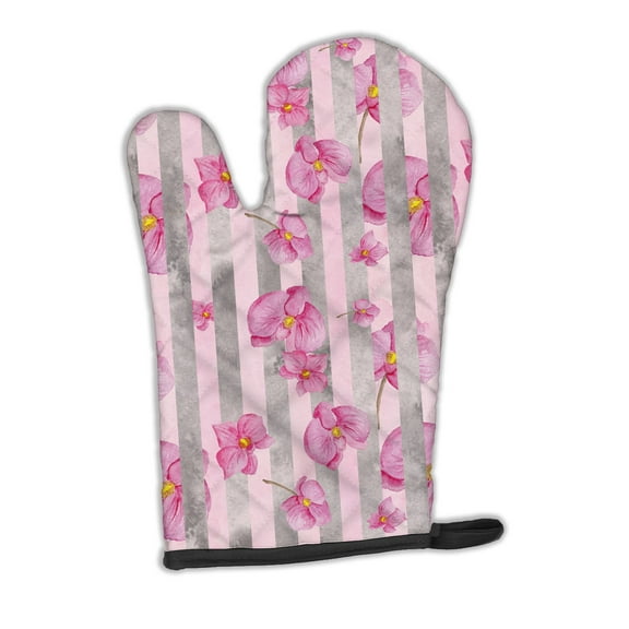 Caroline's Treasures Watercolor Pink Flowers Grey Stripes Oven Mitt