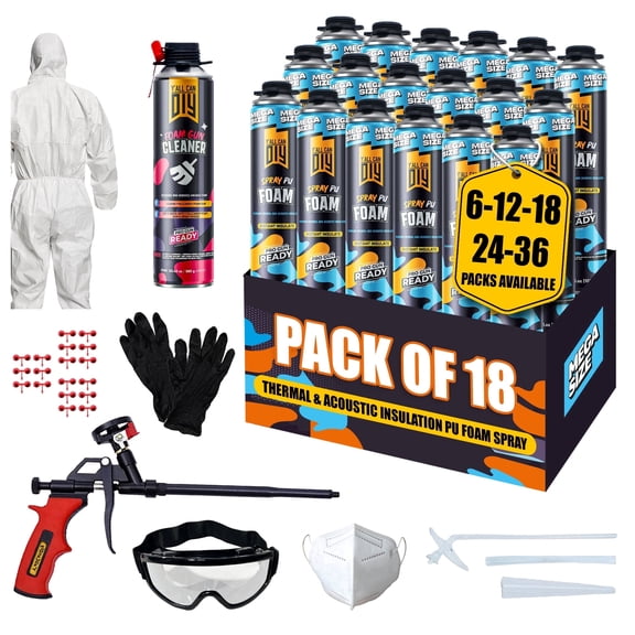 Y’allCanDIY Spray Foam Insulation Kit 18 Pack (36.6 oz Each), Foam Insulation Kit, DIY Insulation Kit for Gaps & Cracks, Wall, Attic & Garage, Heat & Acoustic Insulation, with Application Kit