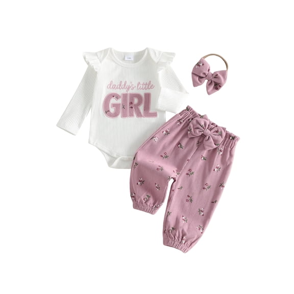 RUINIXCW Newborn Baby Girl Daddy's Girl Outfit Infant Baby Girls Spring Fall Winter Clothes Ribbed Long Sleeve Romper Floral Corduroy Pants Headband Set