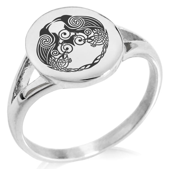 Stainless Steel Yggdrasil Huginn & Muninn Odin's Ravens Minimalist Oval Top Polished Statement Signet Ring