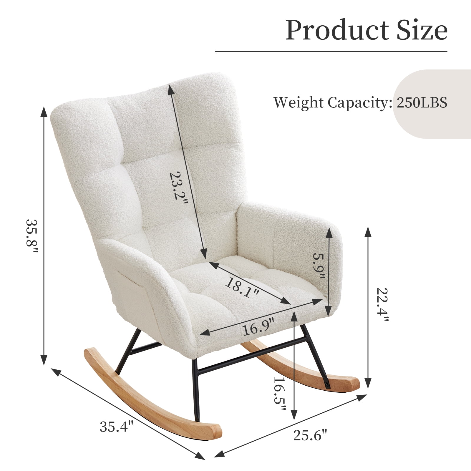 300Lbs Load-Bearing Nursery Glider Rocking Chair, Teddy Upholstered, High Backrest & Armrests, Side Pockets, Padded Seat, High Backrest, Armrests, Metal Legs & Wood Base for Living Room, Bedroom