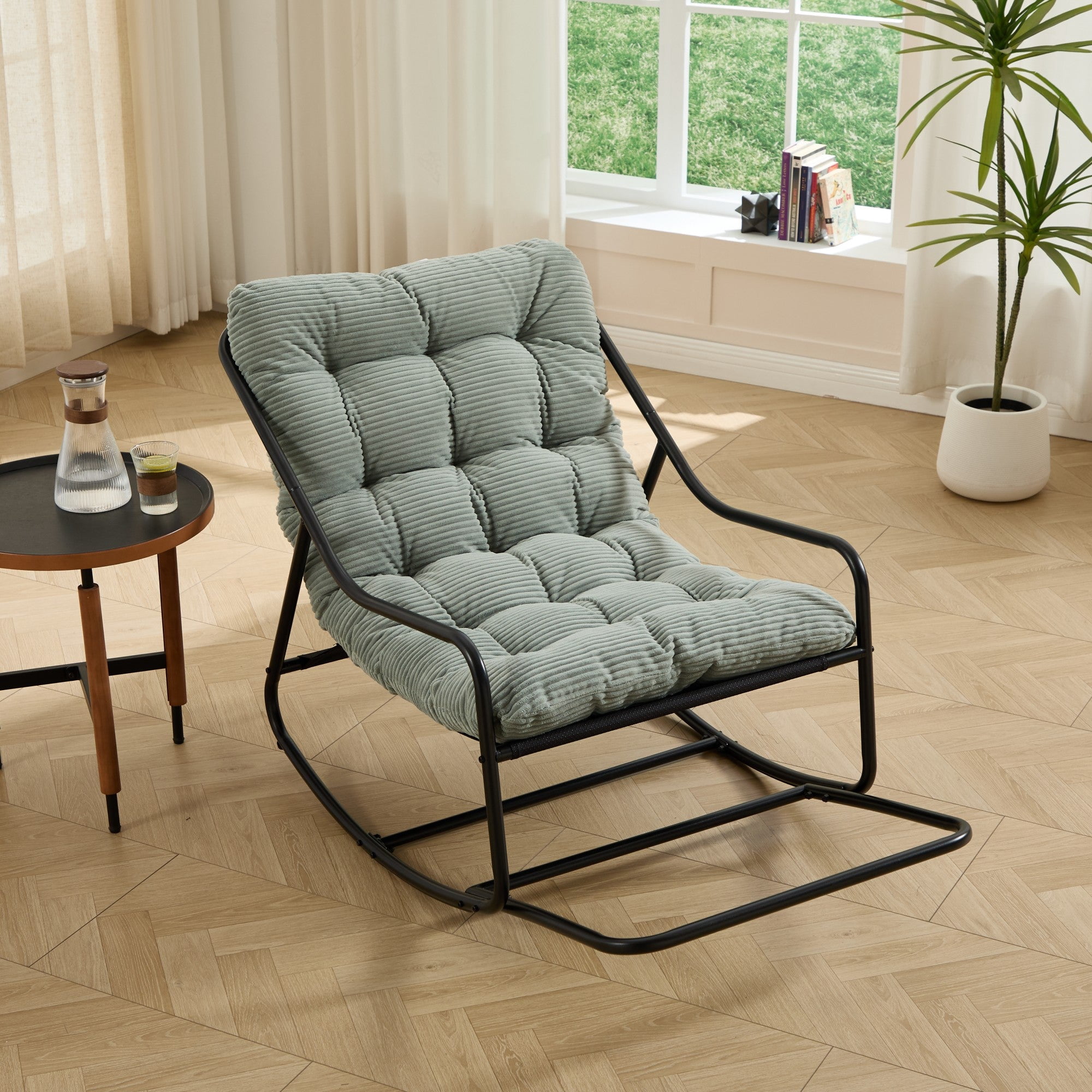 Sailvan Outdoor Rocking Chair with Thick Cushion,Adjustable Metal Patio Rocker for Porch,and Living Room Light Green
