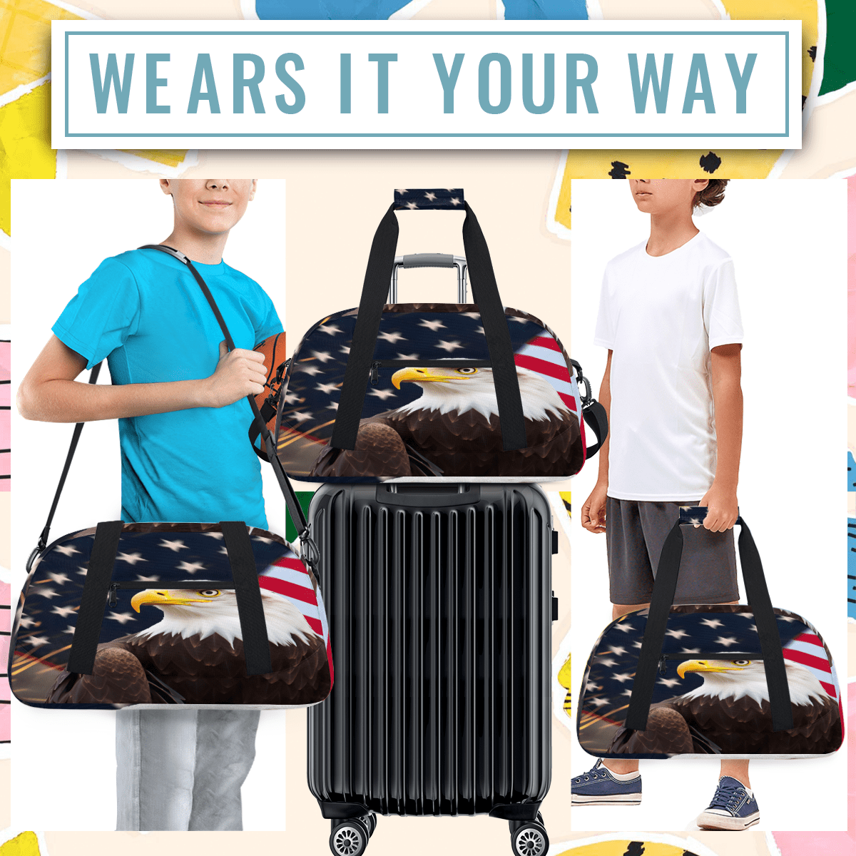 Herdesigns American Flag Eagles Sports Duffle Bag for Women & Men, 4th of July Gym Bag Dance Bag Overnight Bag Carry On Weekender Travel Bag