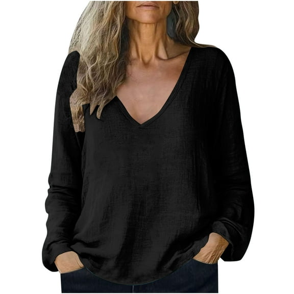 DeHolifer Women Tops Cotton Linen Casual Solid Color V-Neck Long Sleeve T-Shirt Summer Loose Tee Tops Black S