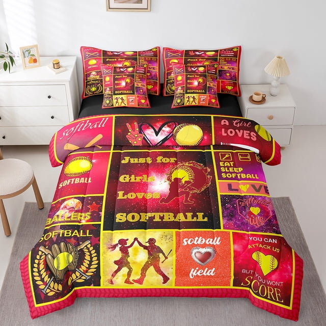 Erosebridal Ensembles de Literie de Softball pour Filles Format Très Grand, Ensemble de Lit de Jeu de Balle Gamer, Réversible 7 Pcs