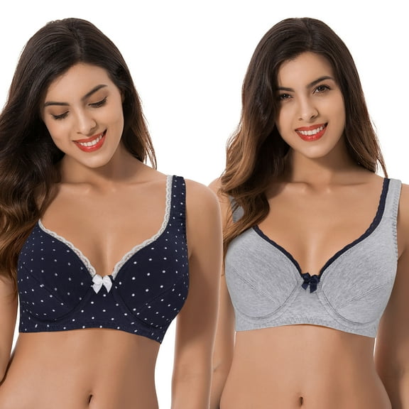 Curve Muse Women’s Unlined Plus Size Comfort Cotton Underwire Bra-Navy/White,Grey-34B