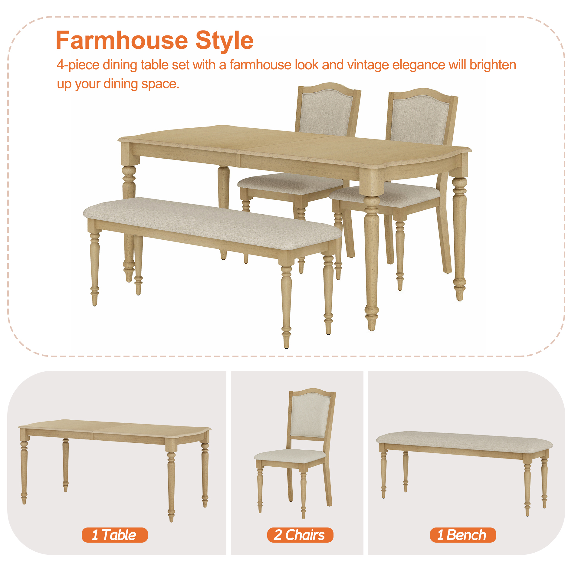 4 Piece Dining Table Set for 4-8 People - Includes One Dining Table, 1 Upholstered Benches and 2 Wood Dining Chairs, Rustic Dining Set for Kitchen, Oak