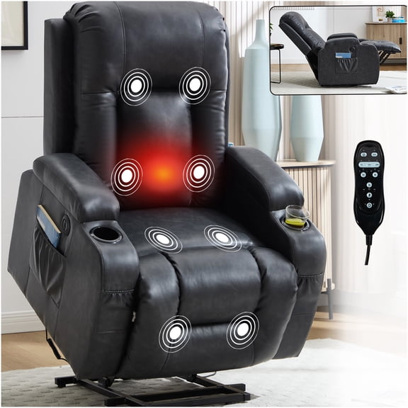 Power Lift Recliner Chair with Massage and Heat, Gray PU Leather Electric Recliner for Elderly, Heavy Duty Lift Chair with Vibration, USB Charging, Cup Holders
