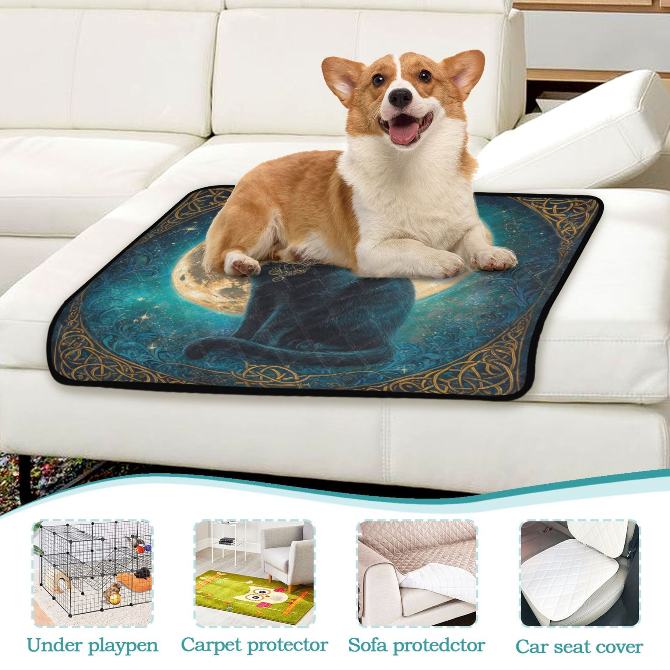 Qxltty Black Cat with Full Moon Cat litter Pads Pet Set of 3 Diaper Mats Center Anti-leakage Layer Absorbent Soft and Comfortable