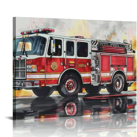ONETECH Canvas Wall Art Watercolor Transportation Vehicles Fire Engine Canvas Painting Prints for Home Boys Bedroom Nursery Wall Decor Framed Artwork Gifts