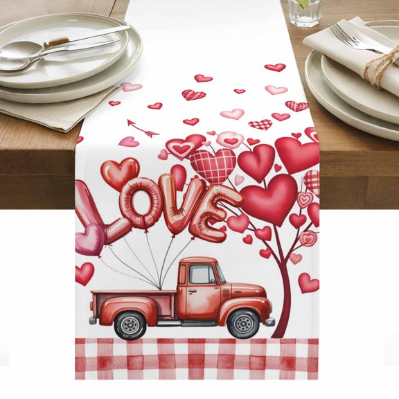 Valentine's Day Table Runner - 108 Inch Long, Kitchen Dining Table Runner Dresser Scarves, Red Love Balloons Trees Truck Pink Plaid Farmhouse Decor for Coffee Tables Wedding Party Banquet