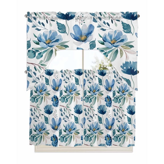 Blue Floral Kitchen Curtains Swag Valance and Tier Curtains Set 36 Inch Length, Watercolor Farmhouse Flowers Painting Rod Pocket Drape Panels Pair Swag Curtains for Bathroom/Cafe/Window