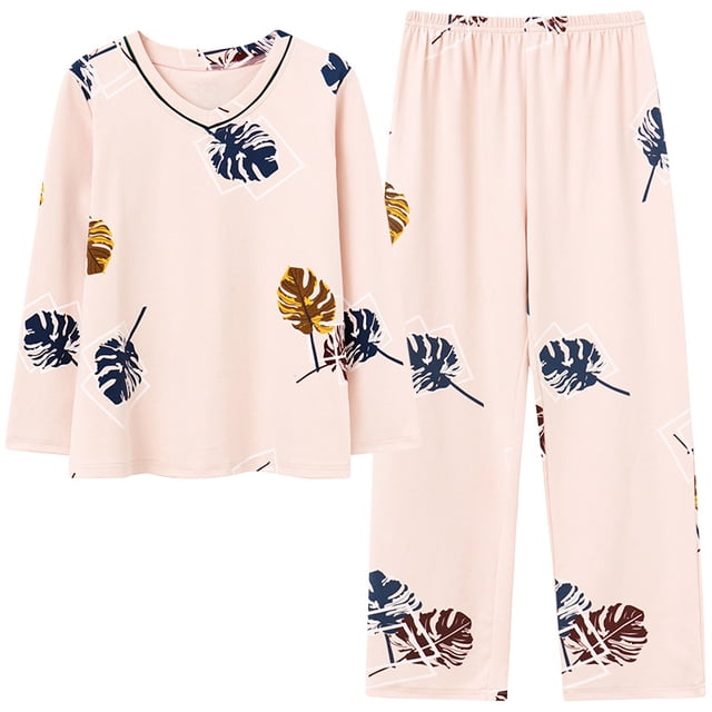 REDHOTYPE Pyjama Mode Floral Fantaisie pour Femmes Printemps Automne Maman Manches Longues Coton Col Rond Ensemble Grande Taille Vêtements de Maison Automne
