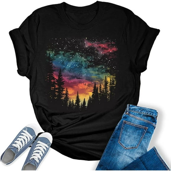 Womens Hiking Mountain Shirt Camping Nature Sunrise Pine Tree Tops Short Sleeve Regular Fit Graphic Tees