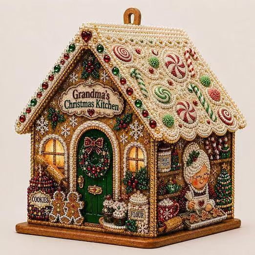 Christmas Diamond Painting Kit, 3D Gingerbread House Pearl Art Craft, Grandma’s Christmas Kitchen DIY Ornament for Adults, Christmas Tree Hanging & Tabletop Decor