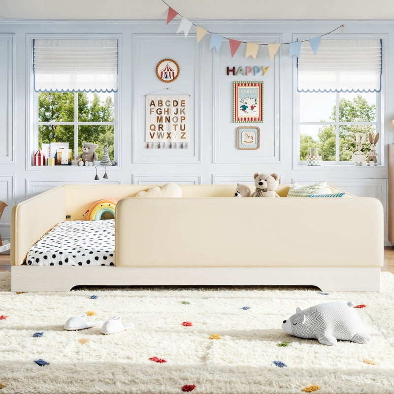 Queen Size Faux Leather Upholstered Floor Bed, Kids Montessori Bed Frame with Removable Guardrail, Low Profile Platform Bed