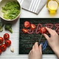 thumbnail image 3 of Music Cutting Board, Image of Alluring Neon All Jazz Sign Saxophone Instrument on Brick Wall Print, Decorative Tempered Glass Cutting and Serving Board, Large Size, Red Blue, by Ambesonne, 3 of 5