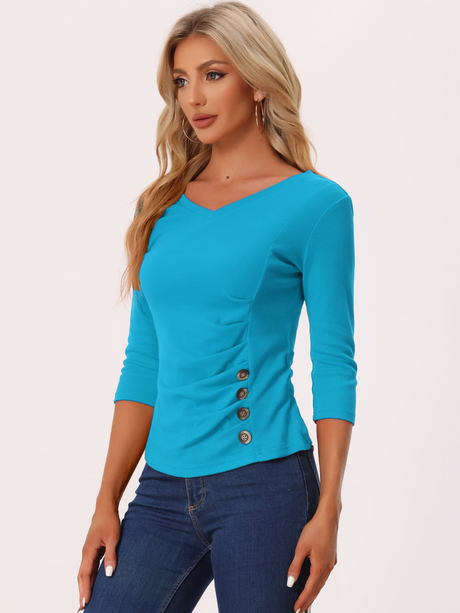 DARING DIVA V Neck Knitted Buttons Decor Ruched Blouse Top L Lake Blue