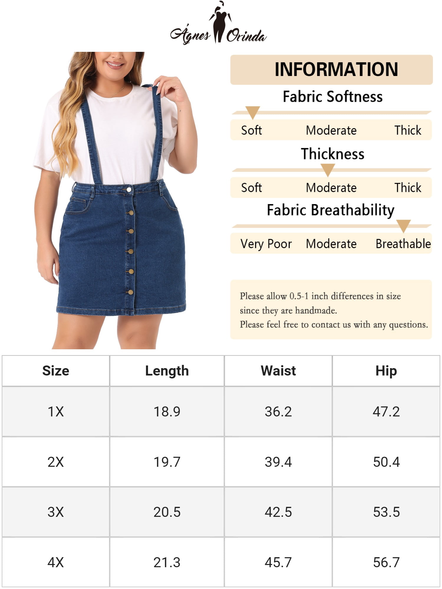 DARING DIVA Women's Plus Size Suspender Adjustable Strap Denim A-Line Dress 1X Dark Blue
