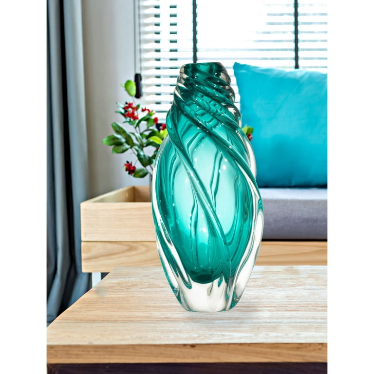 12.75 Aqua Blue and Clear Contemporary Swirl Glass Vase 