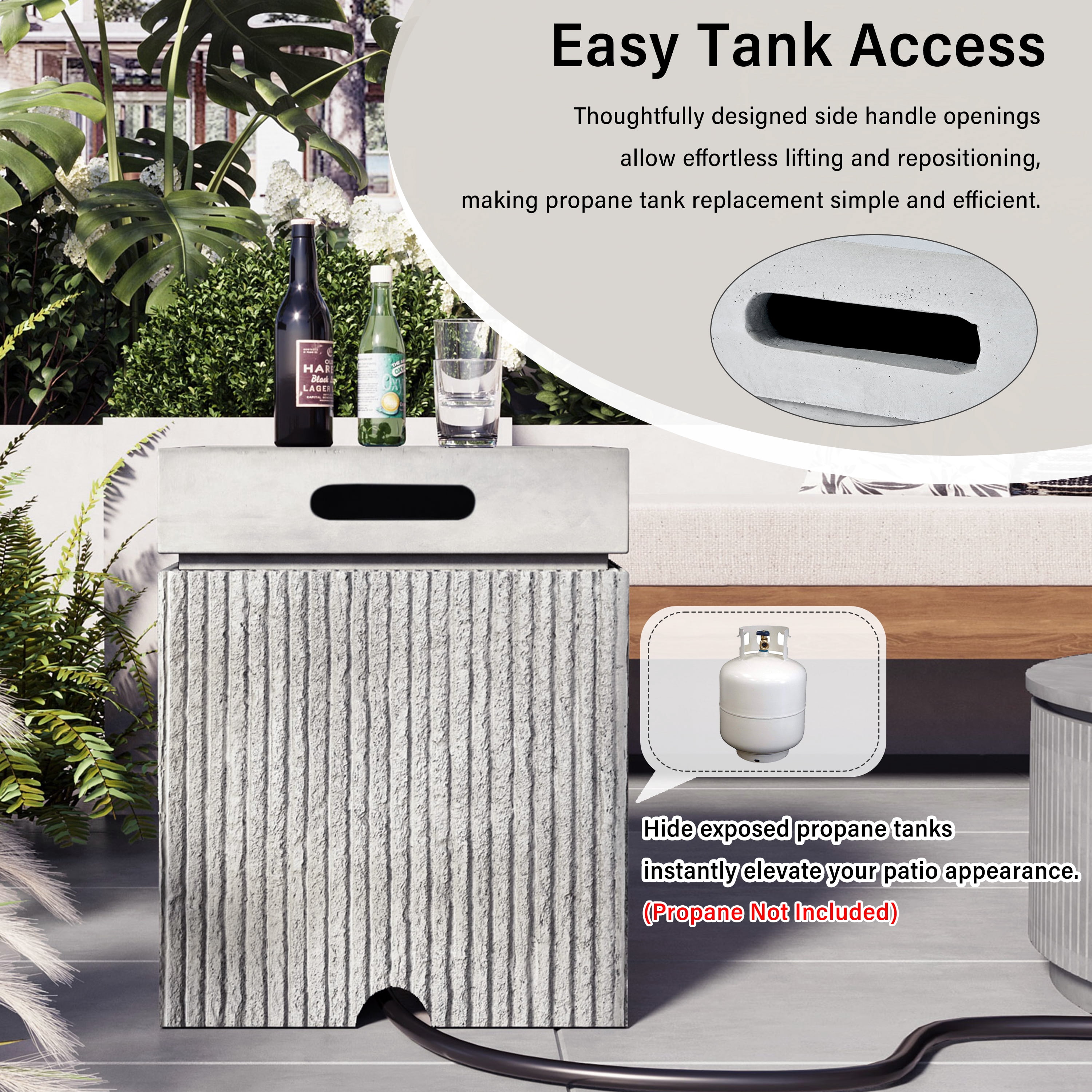 Mintazer 15.75" Outdoor Propane Tank Cover Table with Side Handles & Protective Cover, Side Table with Vertical Fluted Texture for Fire Pit Patio Backyard, No Assembly Needed, Gray
