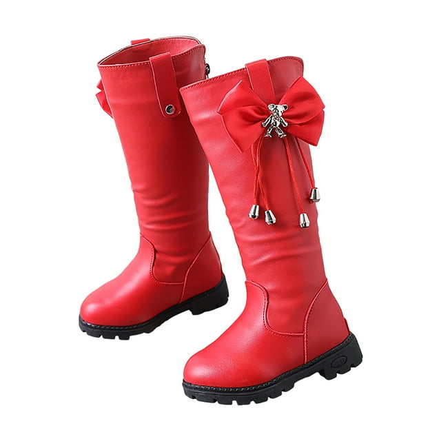 Pandaie Knee High Boots Girls Fashion Bowknot Riding Mid Calf Booties Low Heel Winter Dress Combat Boot Red 12