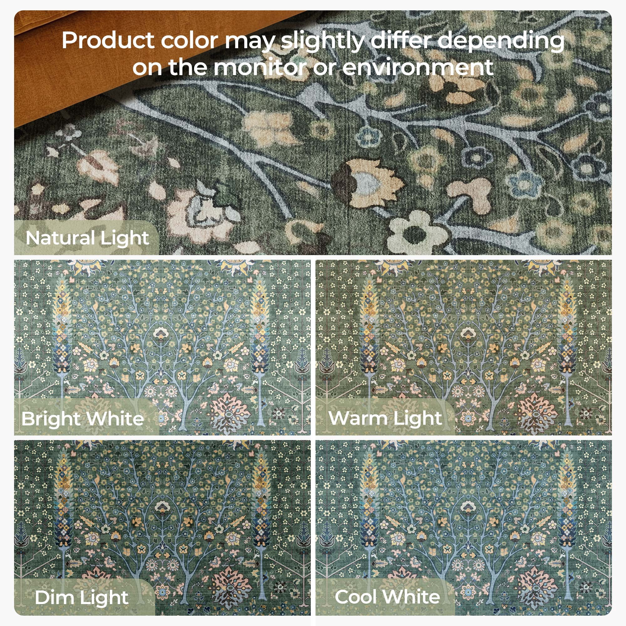 Washable Oriental Rug, 8x10 Sage Green Boho Botanical Floral Vintage Carpet, Soft Large Indoor Rug for Living Room, Bedroom, Office, Playroom