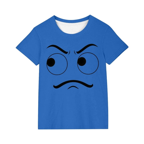 Blusas y camisas de manga corta con cuello redondo para niños y niñas, color liso, con estampado de expresión linda, manga corta, holgadas y cómodas, blusa para niña