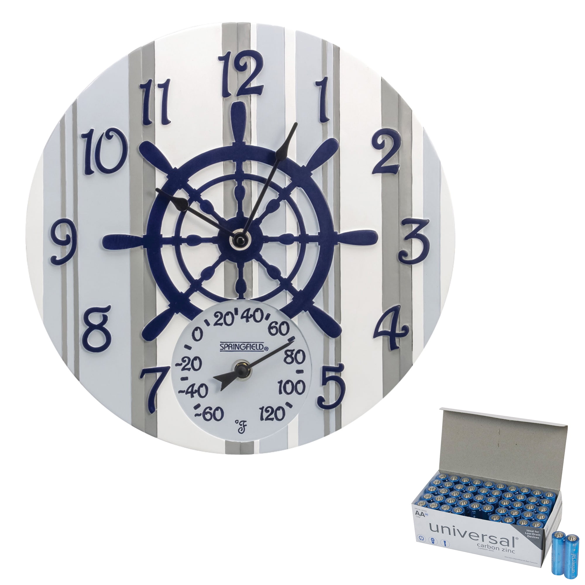 Springfield 92668 14" Captain's Wheel Poly Resin Clock with Thermometer Blue 