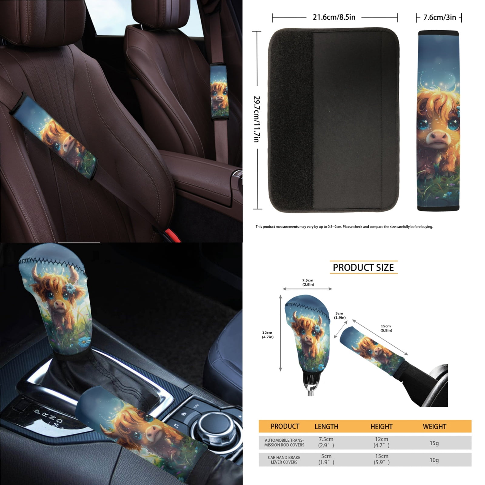 Yuyamidu Highland Cow Car Seat Covers Set 14pcs Cute Auto Seat Protector with Steering Wheel Cover Seat Belt Pads Garbage Bag Armrest Cover Handbrake Cover Set Rear View Mirror Protector Coasters
