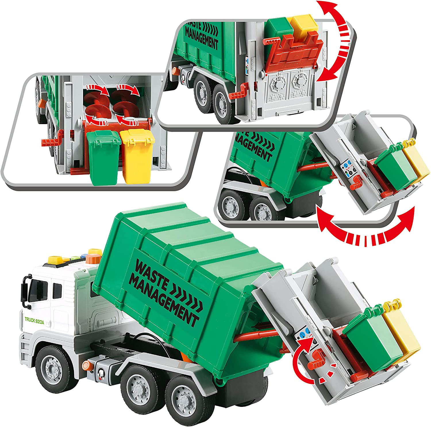 4 TRASH CANS for Learning Waste Management Boys Girls 3 4 5 Years Old Lights Garbage Truck Friction-Powered – 1:12 SCALE Large Size Truck Toy with Sounds Recycling Truck for Toddlers Rear Loader 