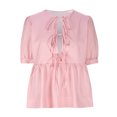 thumbnail image 4 of Women Y2K Puff Short Sleeve Peplum Shirts Tie Front Ruffle Hem Babydoll Blouse Tops Teen Girls Lace up Cute Summer Tops, Limited Time Offer, Under 10 Dollars, 4 of 6