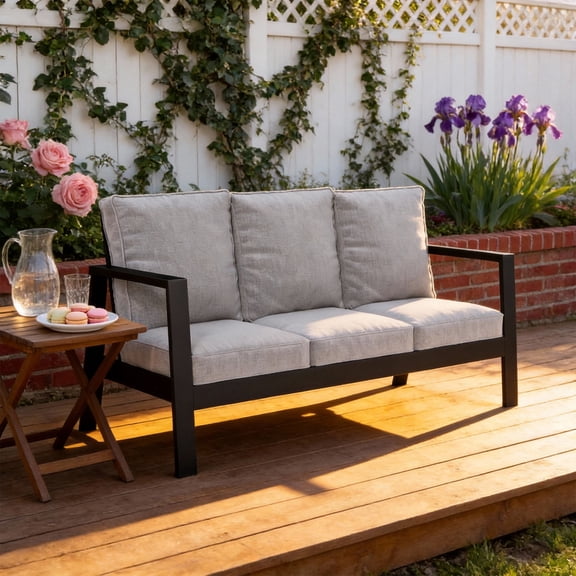 KIOOTTO 75" All-Weather Aluminum Patio Sofa with Thick Cushions, 3-Seat Outdoor Couch for Deck & Garden, Rust-Proof Black Frame, Light Gray