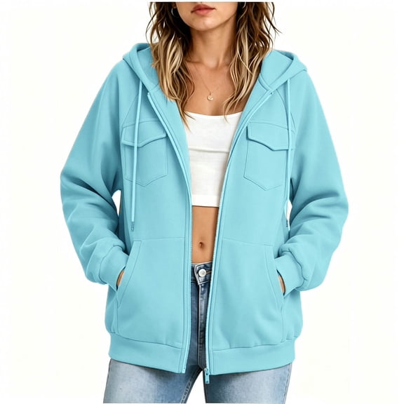 Drawstring Zip Up Hoodies for Women Solid Color Casual Sports Style Winter Fashion Zipper Style Long Sleeved Sweatshirt Fall Winter Track Jackets with Pockets