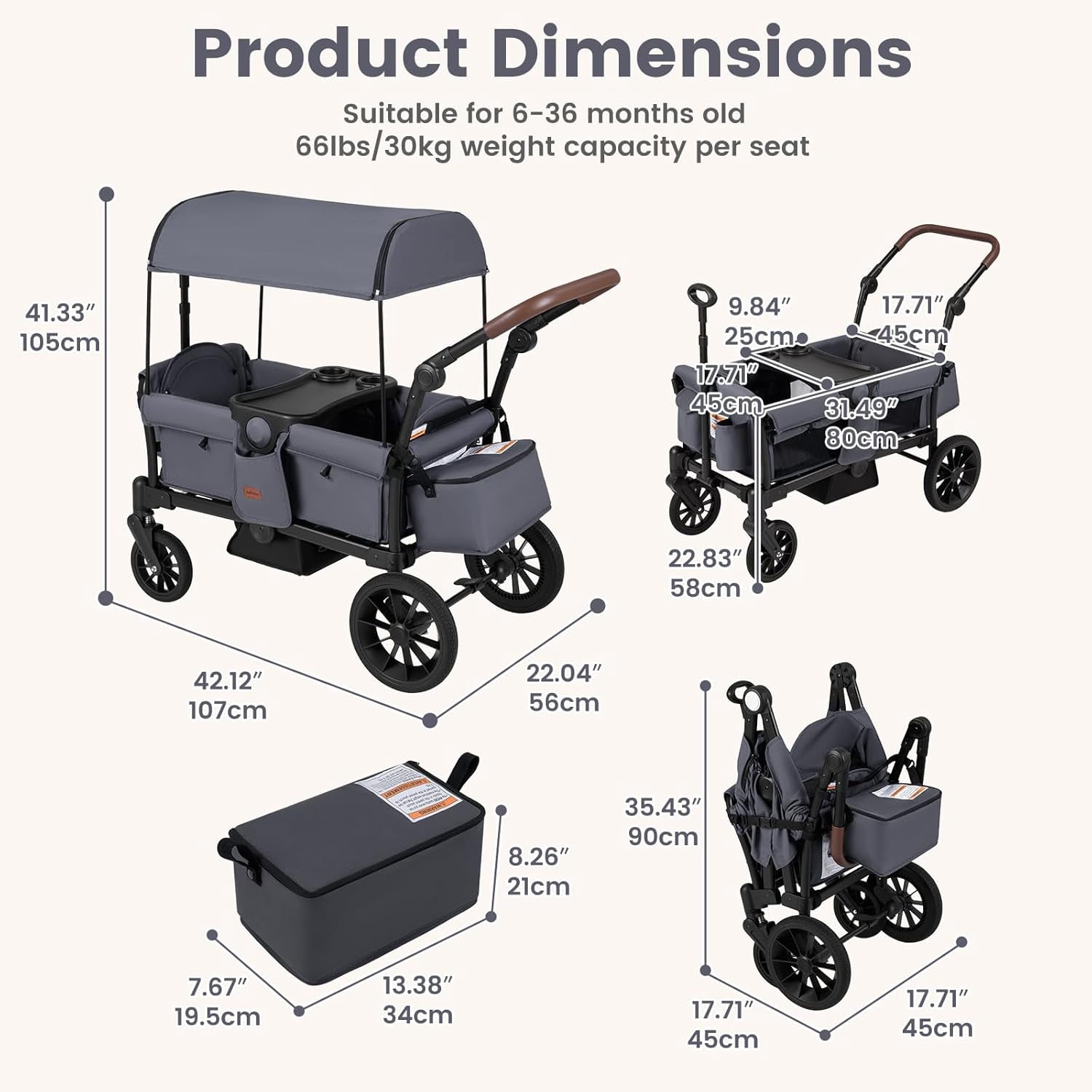 INFANS Wagon Stroller for 2 Kids, Foldable Wagon Cart with Adjustable Handle Pull Bar, Removable Canopy, Footwell, Snack Tray, Harnesses for Infants Toddlers 6-36 Months