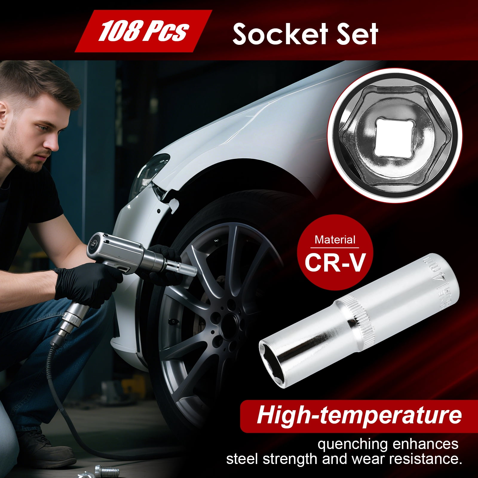 TLGREEN 108 Pcs Mechanic Socket Tool Kit, CR-V Steel Metric and Standard 1/4" & 1/2" Ratchet set, Universal Joint, Extension Bars,Adapter,Ratchet Wrench,Socket Set for Car