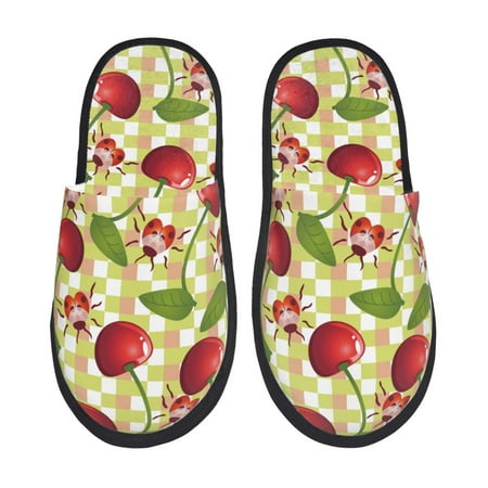 

Noikeo Cherries and Ladybirds Pattern Cozy Slippers Indoor for Women and Mens Fuzzy House Shoes Soft Plush Warm Slip-on Slippers-Large