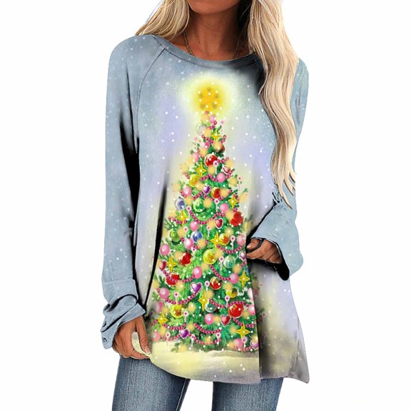Fesfesfes Ugly Xmas Sweater Women's Christmas Print Loose Top Crew Neck Long Sleeves Sale Items
