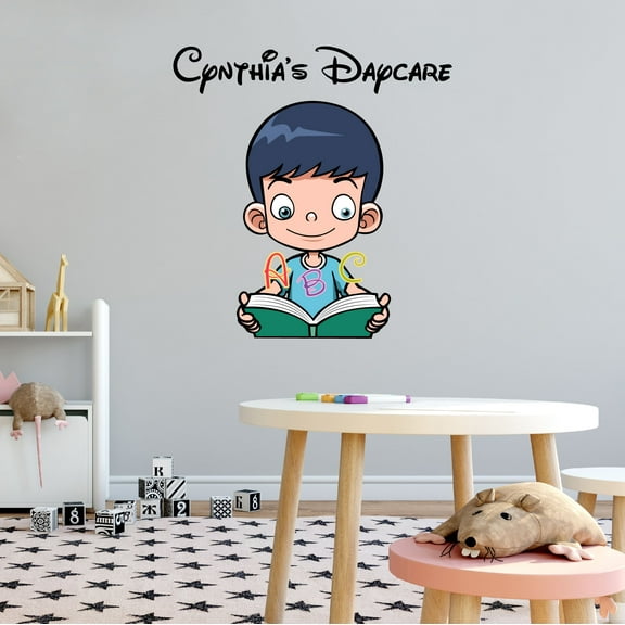 Personalized Name Day Care Wall Decal Cartoon Little Boy Reading Book Daycare Wall Decal for Care Taker Education Cute Themed Room Décor - Size: 10 In x 10 In