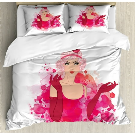 King Size Head Old Hollywood King Size Duvet Cover Set, A Fancy Lady Wearing Feather Headband Ink Splatter Design, Decorative 3 Piece Bedding Set with 2 Pillow Shams, Magenta Hot Pink and Blush, by Ambesonne ()