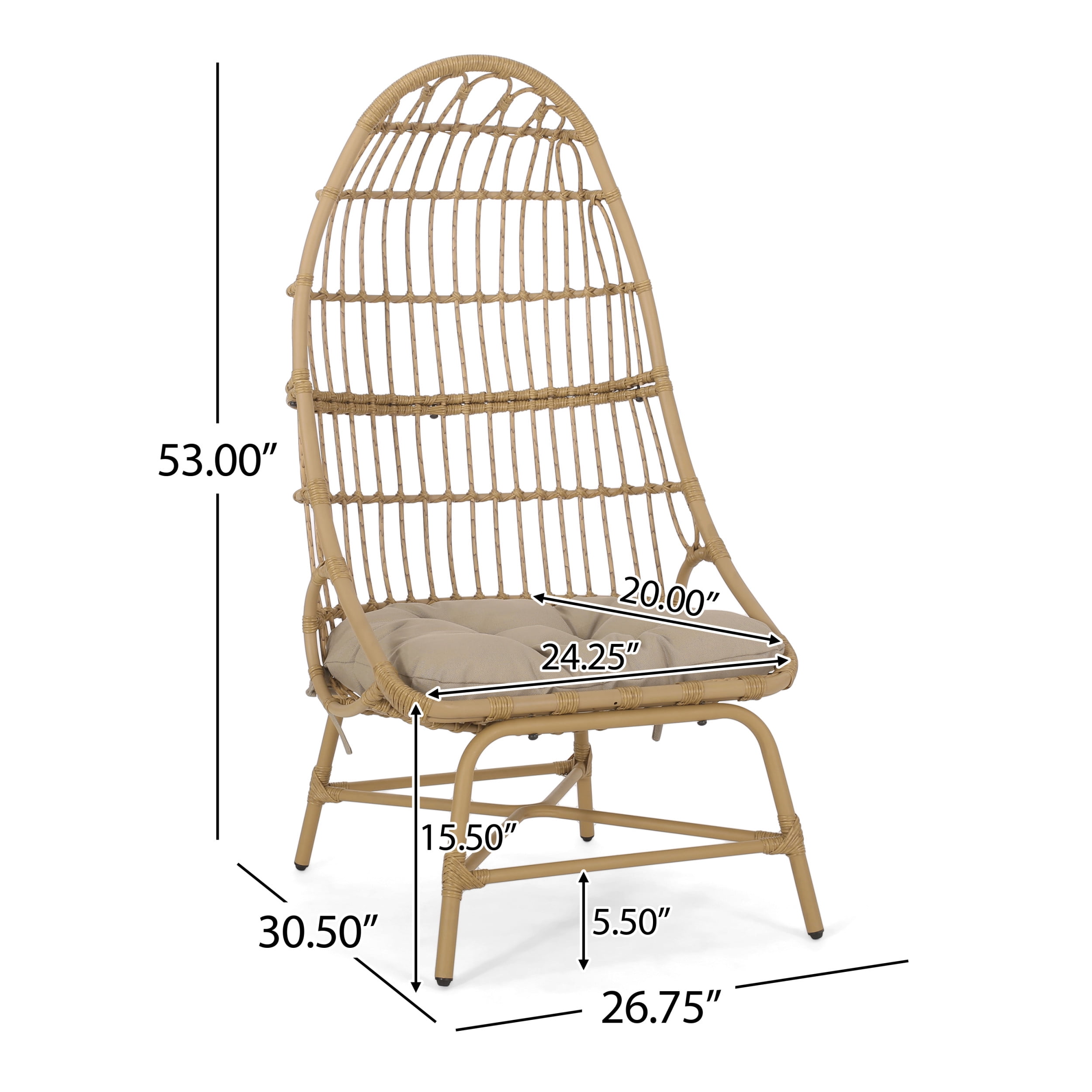 Shelton Wicker Outdoor Basket Chair with Cushion, Beige and Light Brown