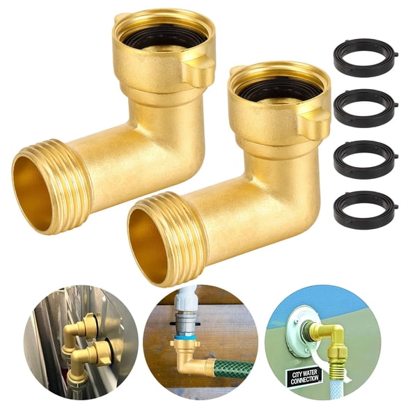 Gustave Garden Hose Elbow Connector 90 Degree 3/4" GHT Heavy Duty Brass Pipe Fittings RV Water Hose Elbow Adapter with 6 Pressure Washers, 2 Pack